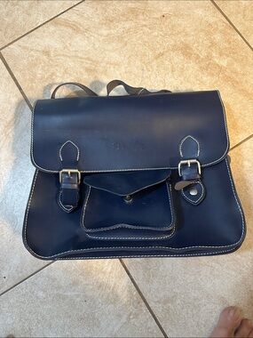 Navy Leather Backpack Satchel with Front Pocket